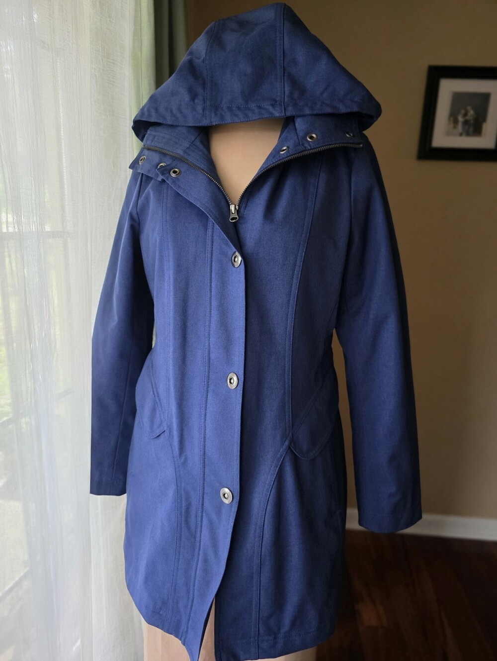 Kristen Blake Blue Hooded Quilted Lined Anorak Midweight Rain Jacket Trench Smal